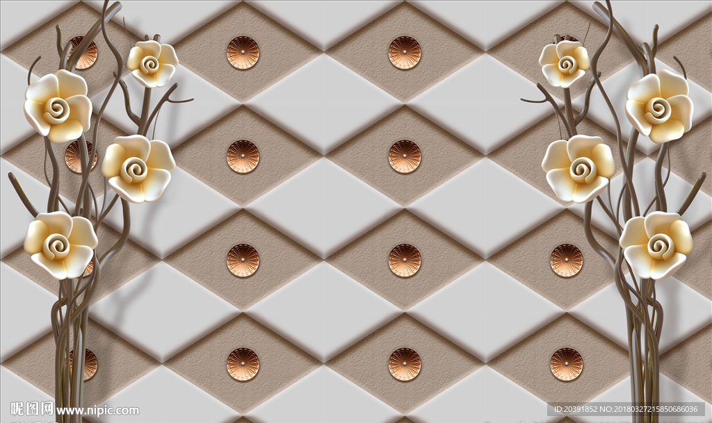 3D软包浮雕花朵背景墙