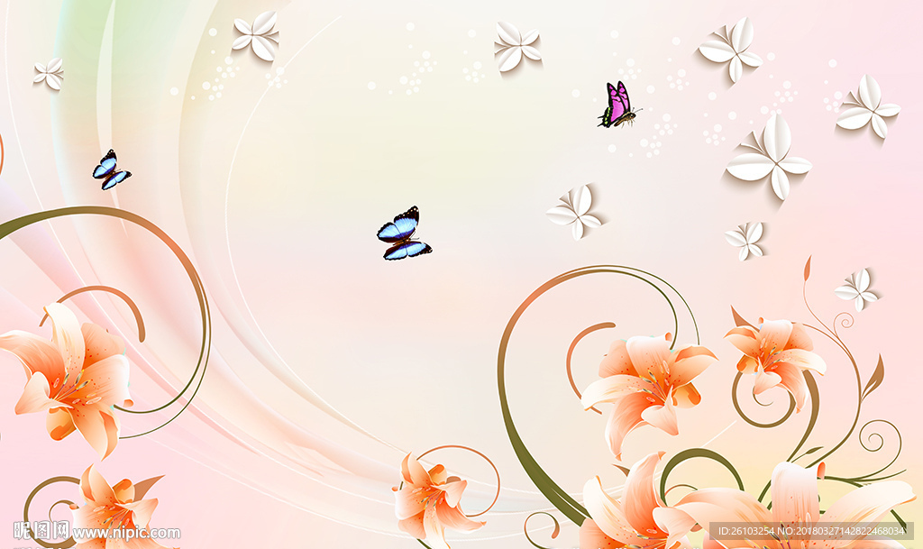 梦幻百合简约蝴蝶电视背景墙