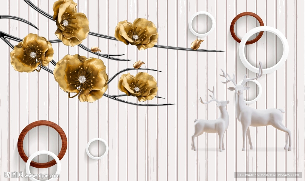 金色珠宝白色麋鹿木纹3d背景墙