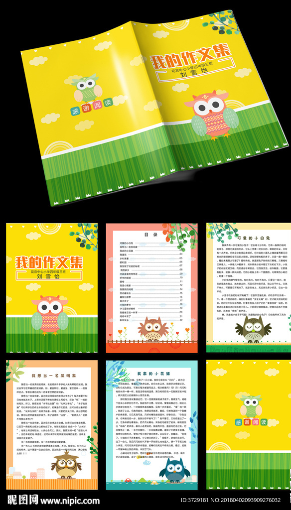 卡通猫头鹰中小学生作文集封面