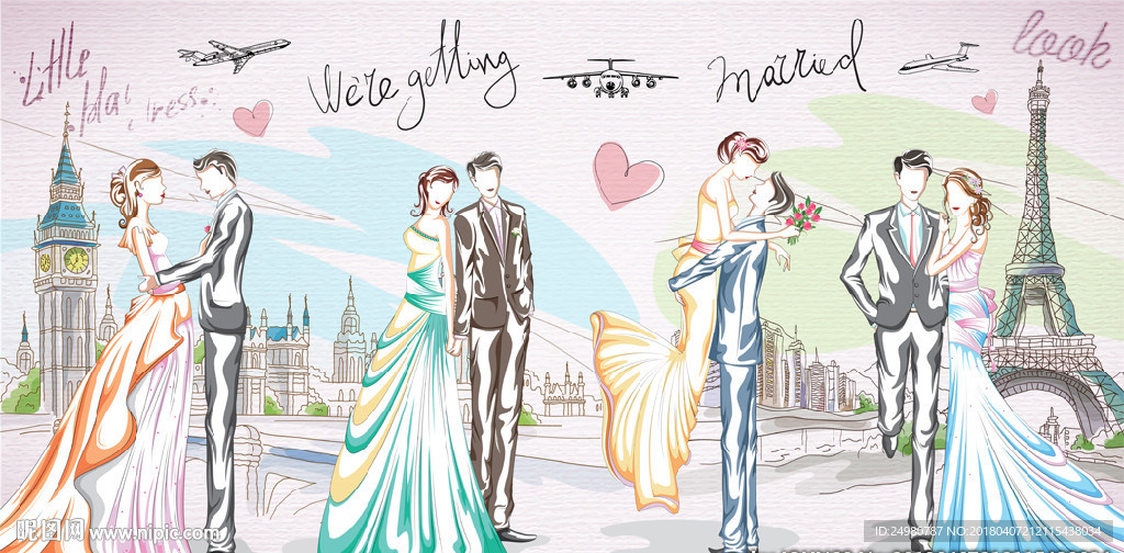 手绘时尚结婚人物背景