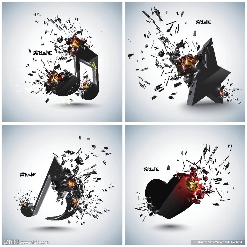 矢量爆炸飞溅音符立体动感图案
