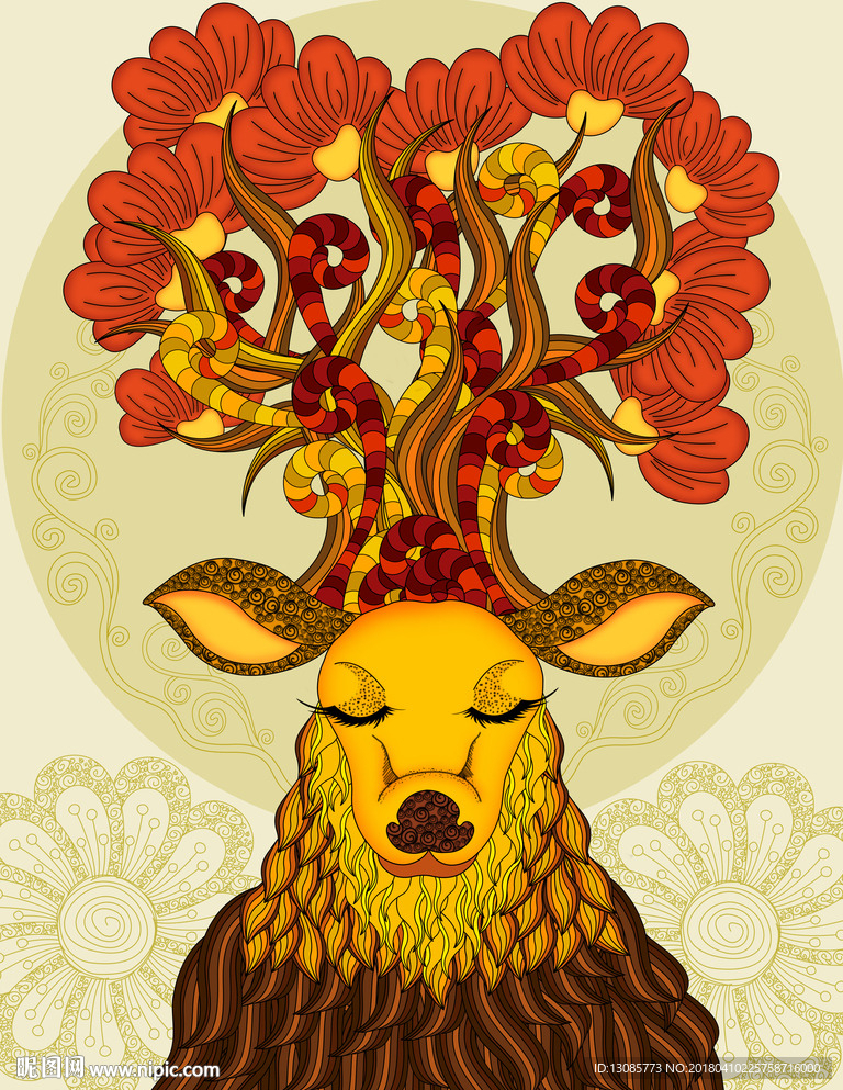 儿童插画鹿和花