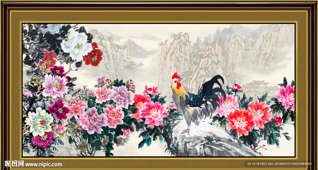 国画牡丹 公鸡国画
