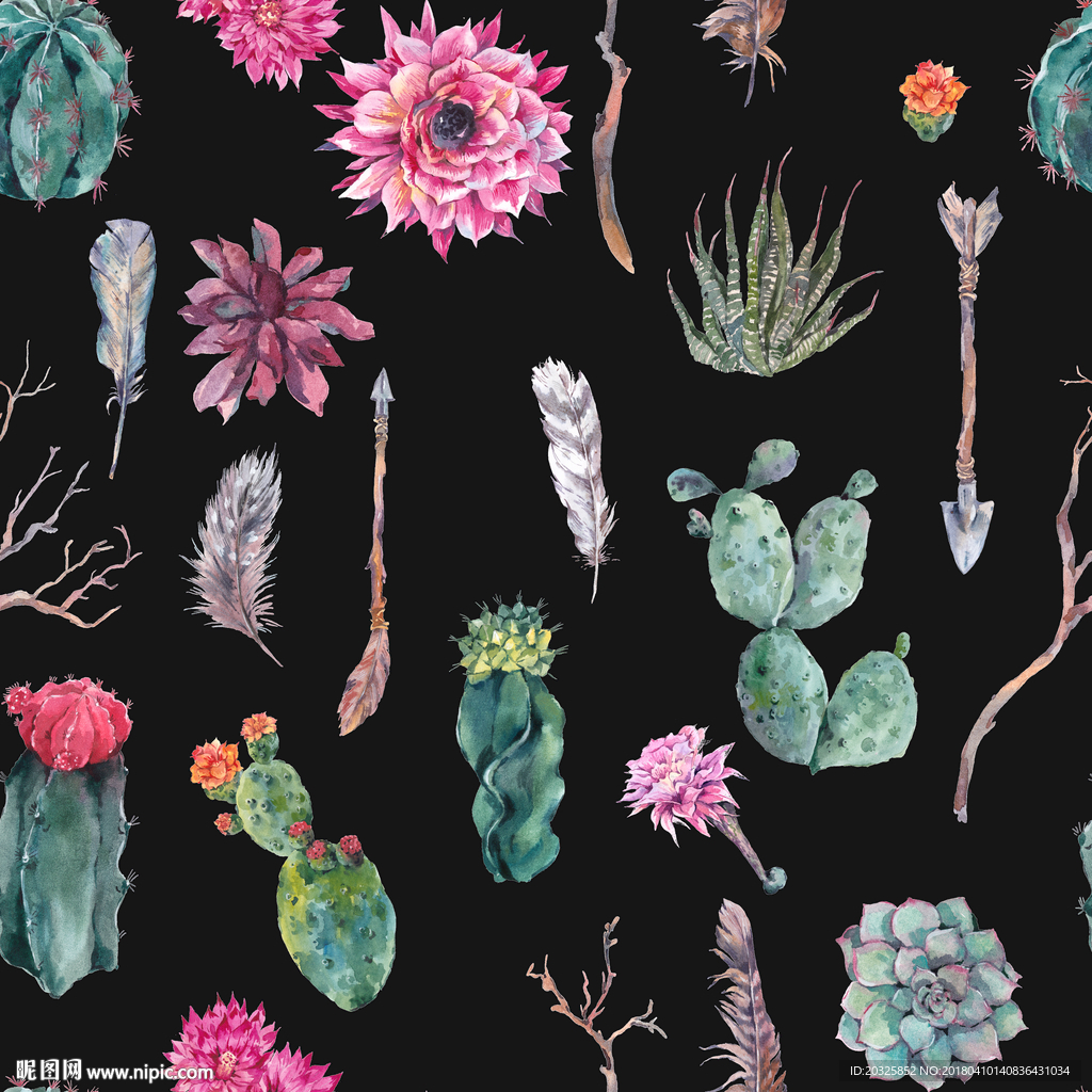 热带植物仙人掌图案组合