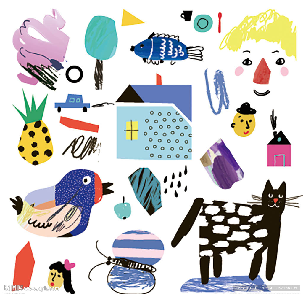 手绘涂鸦卡通墙贴设计素材