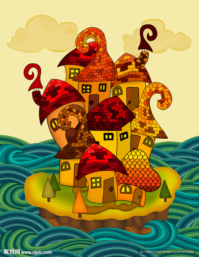 儿童插画小岛房子