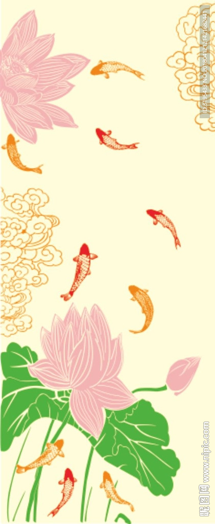 荷花 鱼  祥云 硅藻泥图案