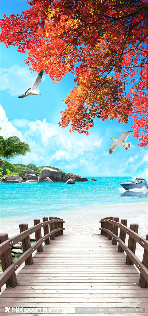 简约蓝天白云海桥枫叶背景
