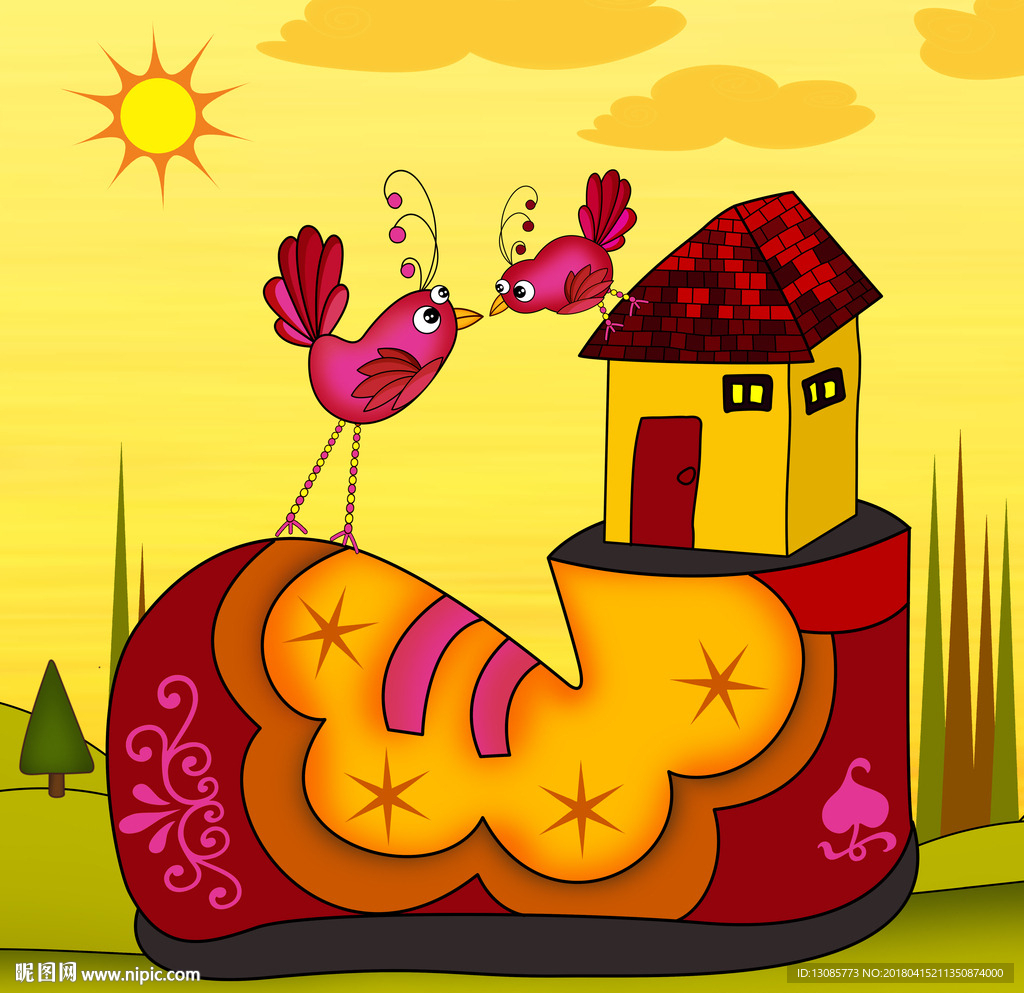 卡通鞋房子小鸟