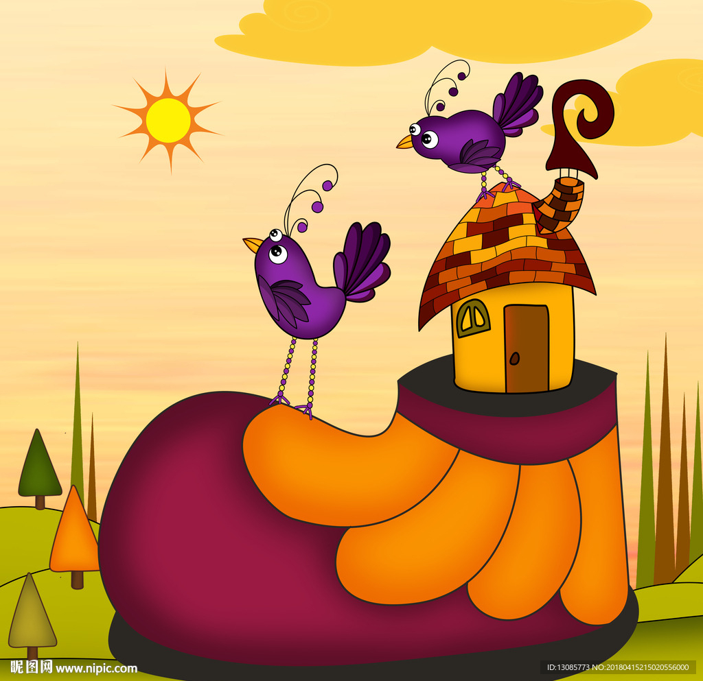 卡通鞋房子小鸟