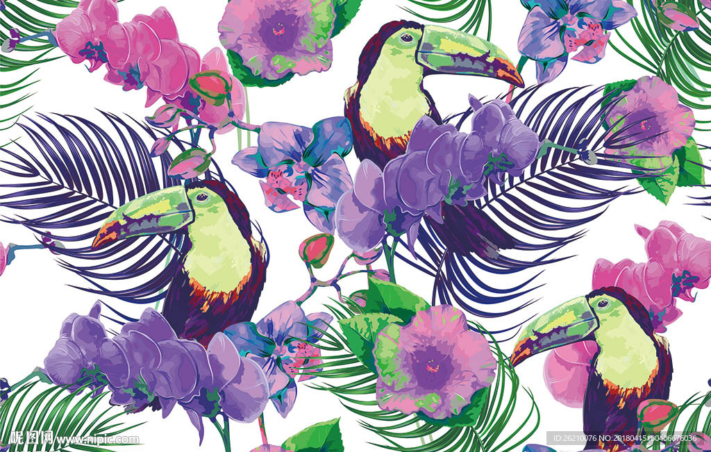 热带花鸟无缝图案墙纸