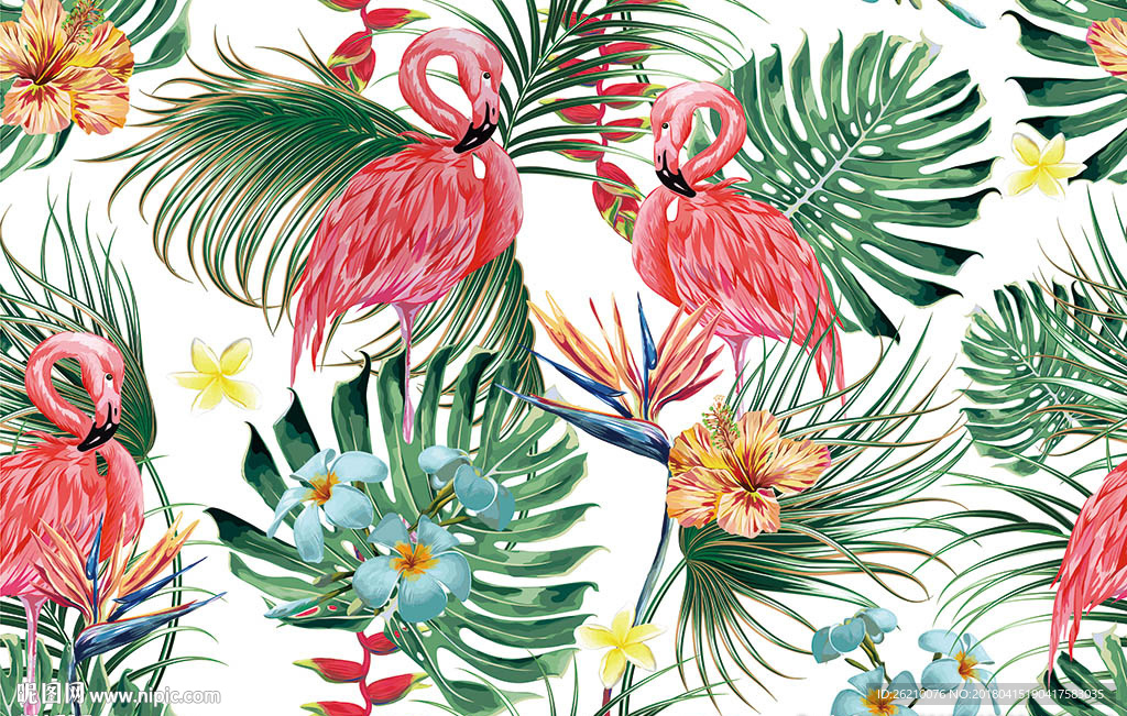 热带花鸟植物矢量图案无缝墙纸