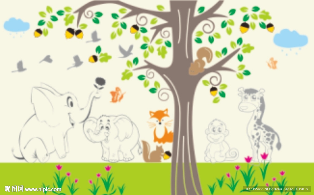 卡通图案  大象 松鼠  树