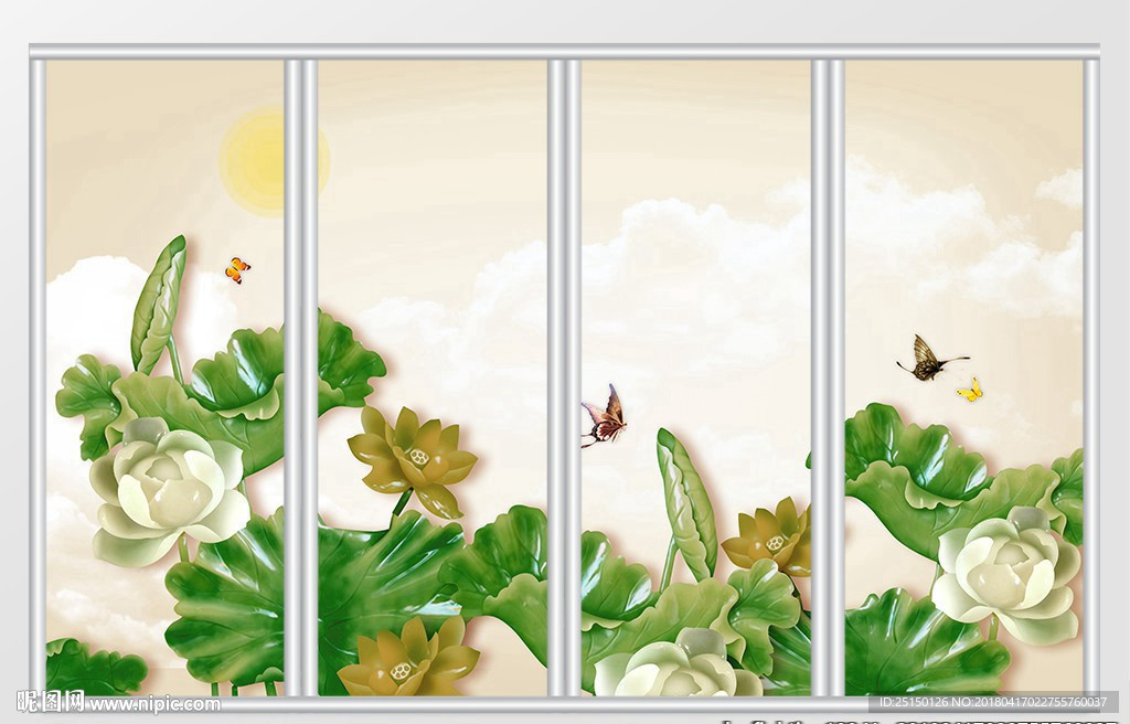 现代玉石立体荷花移门