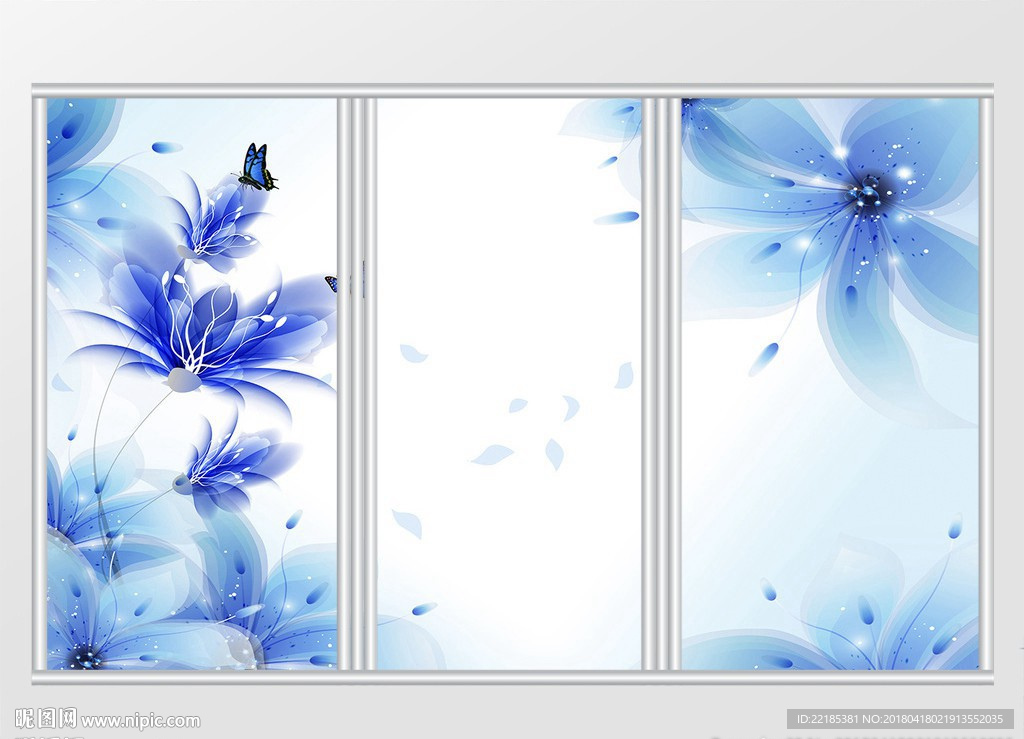 清新淡雅水蓝色花朵蝴蝶移门