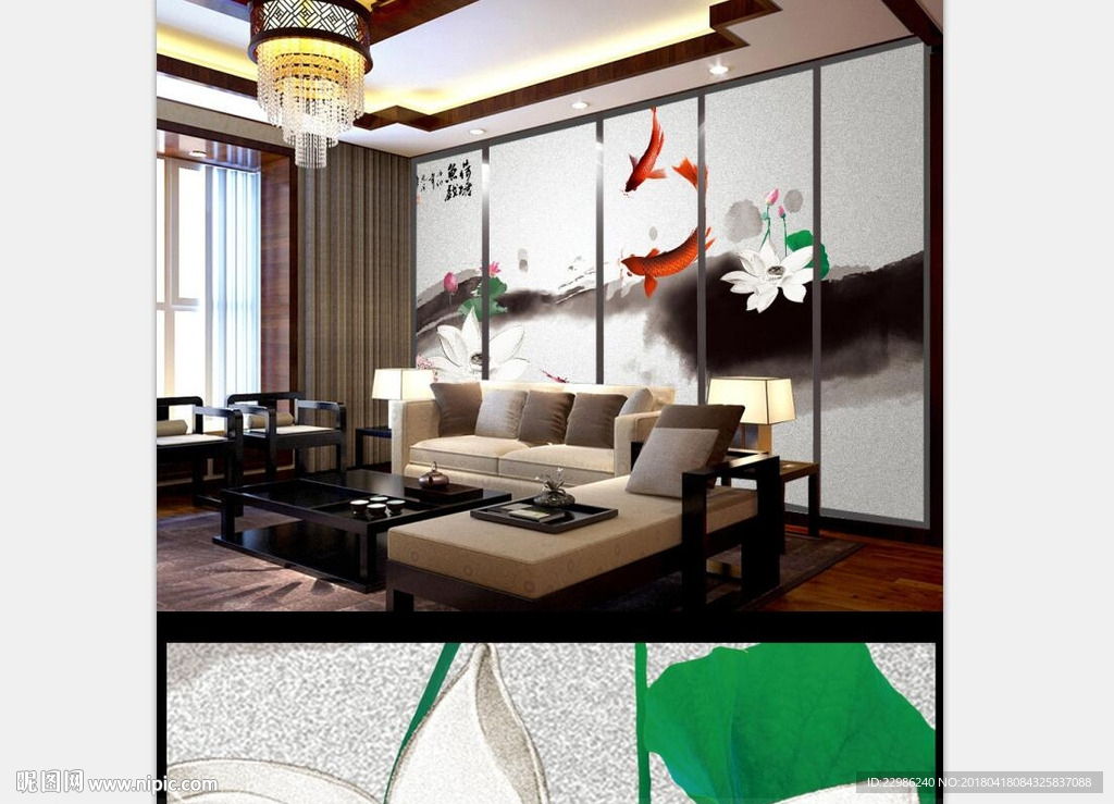 新中式水墨国画荷花背景墙壁画