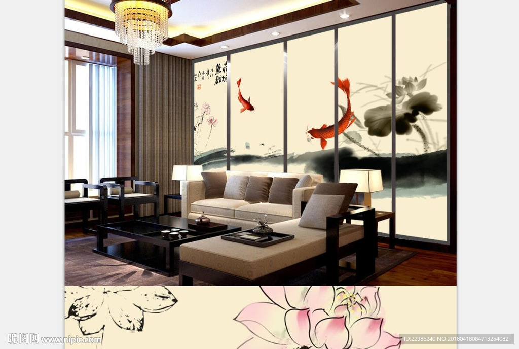 新中式水墨荷花国画背景墙壁画