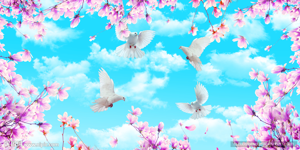 大型分层蓝天白云花朵穹顶壁画