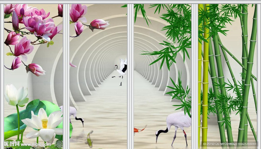 3D玉兰竹子荷花移门