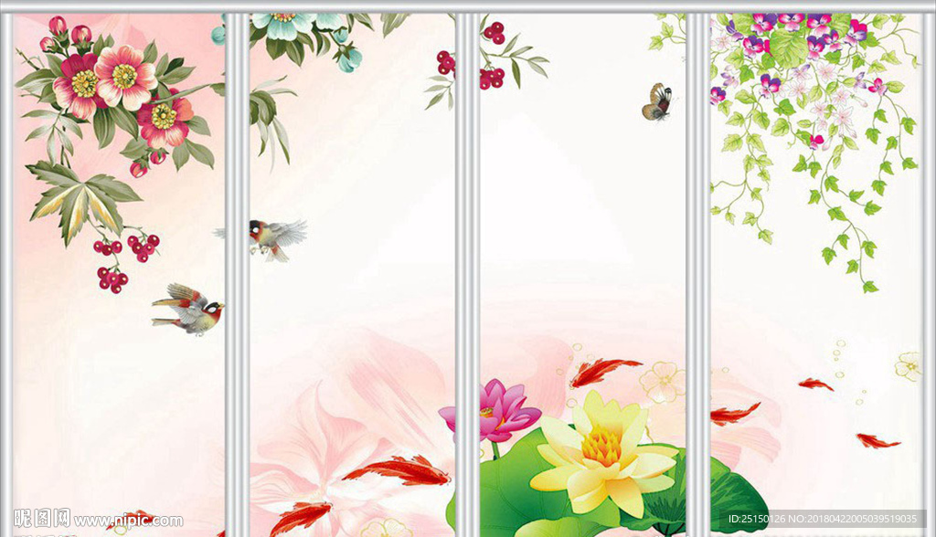 工笔花鸟荷花九鱼图移门