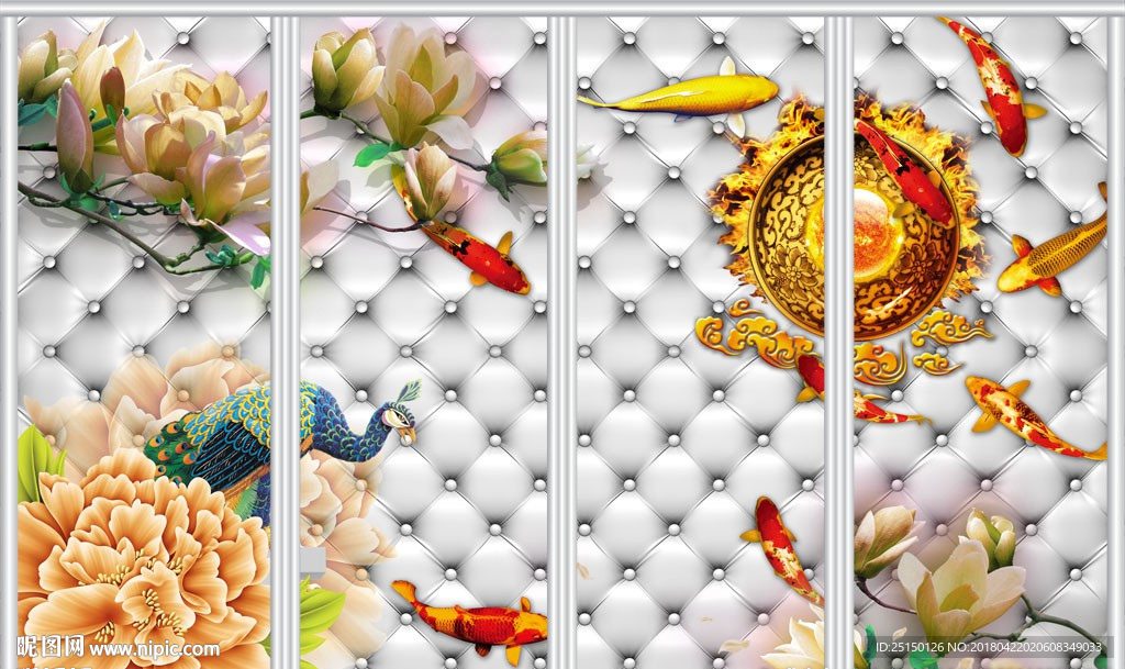 玉兰富贵九鱼图移门