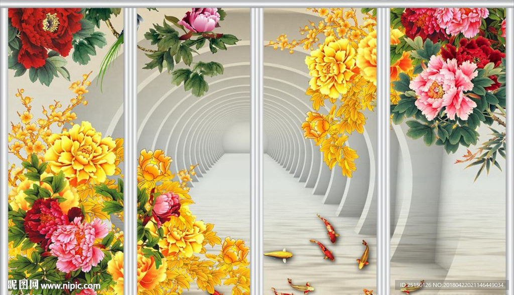 中式牡丹花3D立体移门