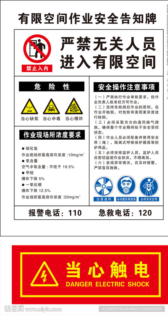 有限空间作业安全告知牌当心触电