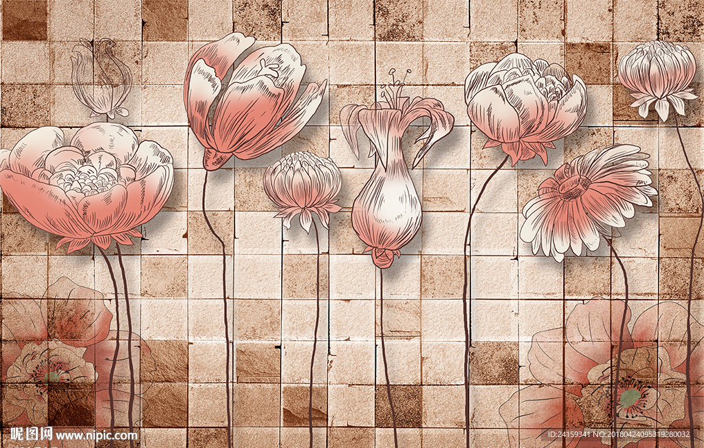 欧式复古马赛克水彩虞美人