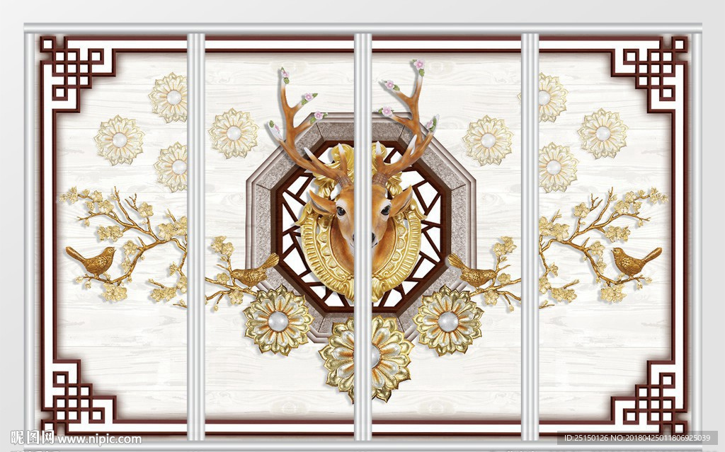 欧式浮雕花边现代金鹿头移门