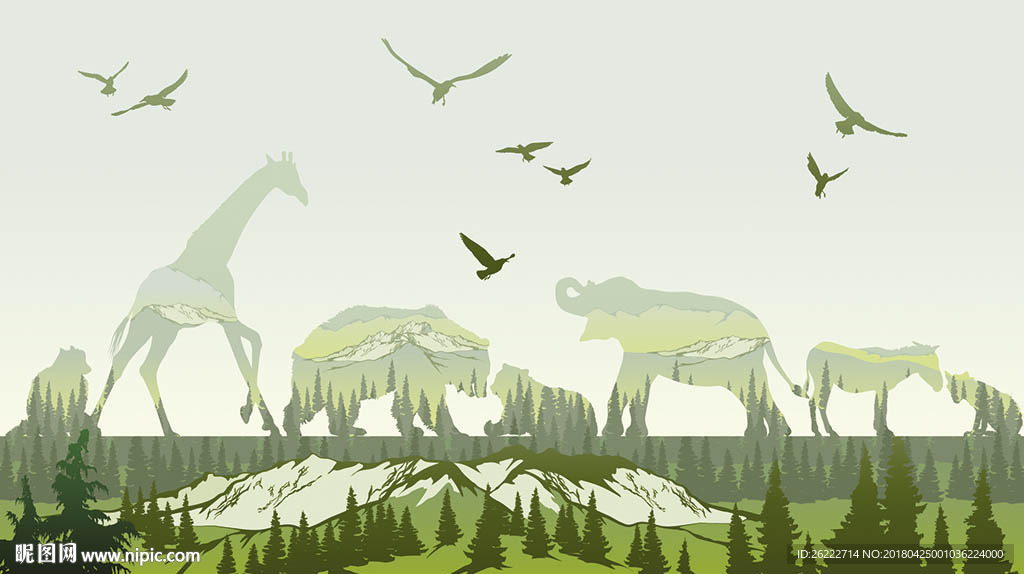 动物森林剪影矢量背景墙