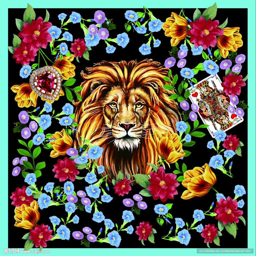 大牌狮子花海方巾图案