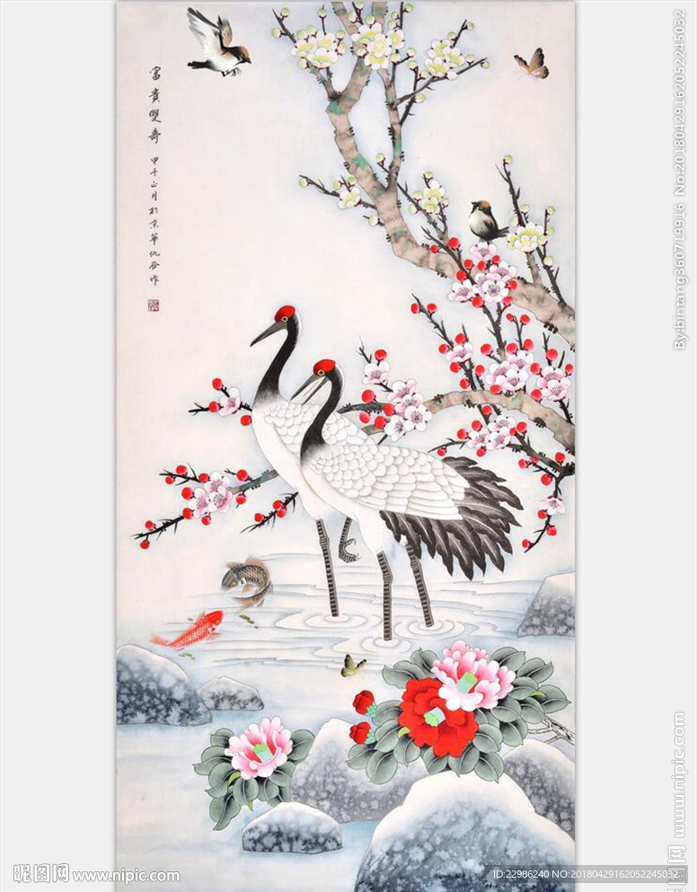 竖幅仙鹤桃花富贵长寿花鸟无框画