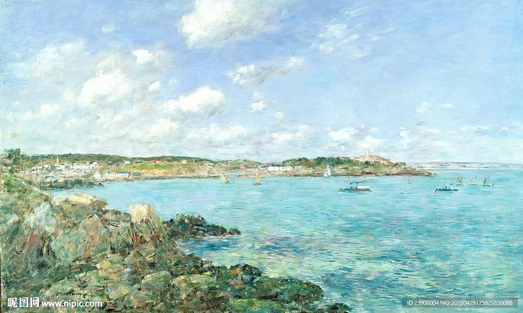 蓝天白云海景油画壁纸