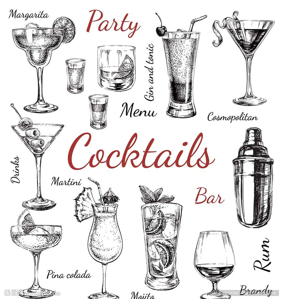 派对红酒饮料手绘素材