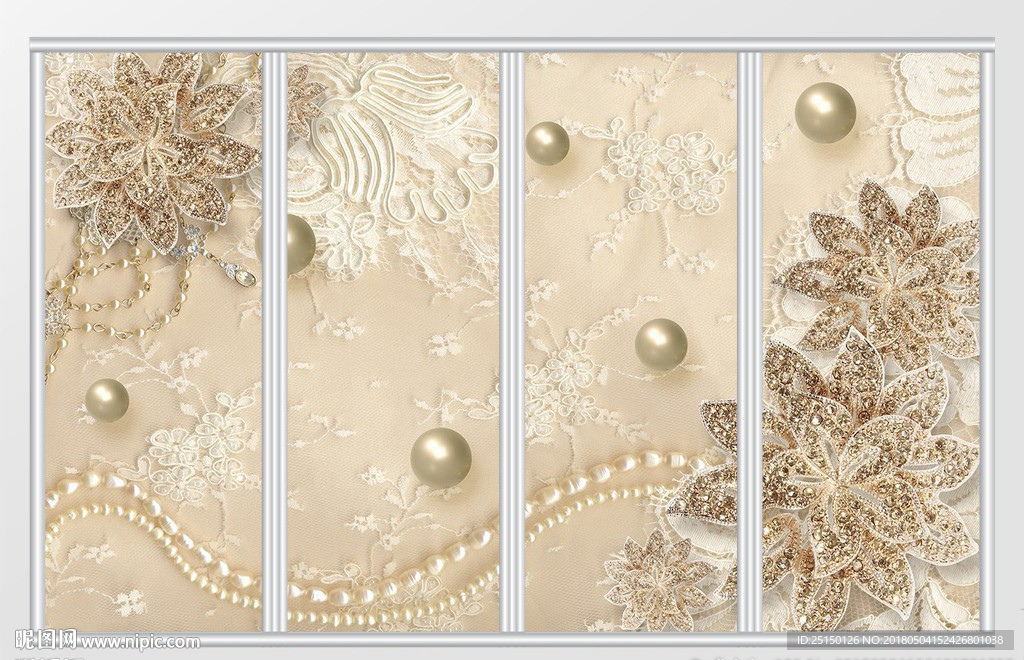 3d奢华珠宝钻石花朵珍珠移门