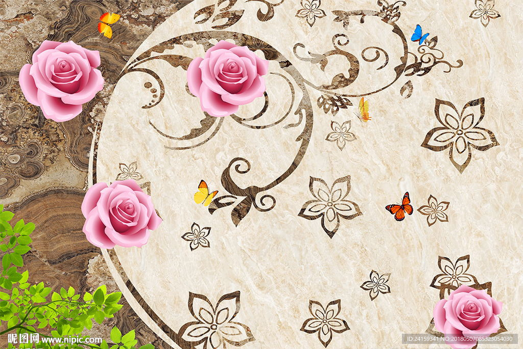 大理石欧式浮雕花纹玫瑰树叶背景