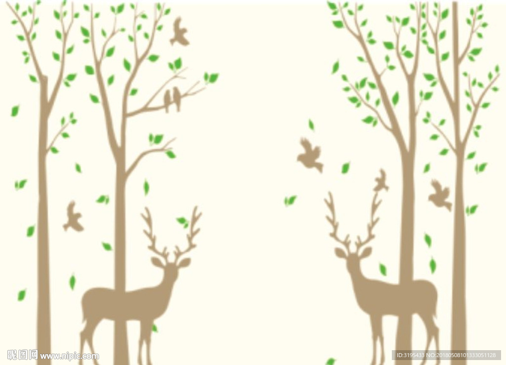 梅花鹿 树林鹿  鸟  矢量图