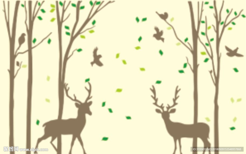 梅花鹿 树林 鸟矢量