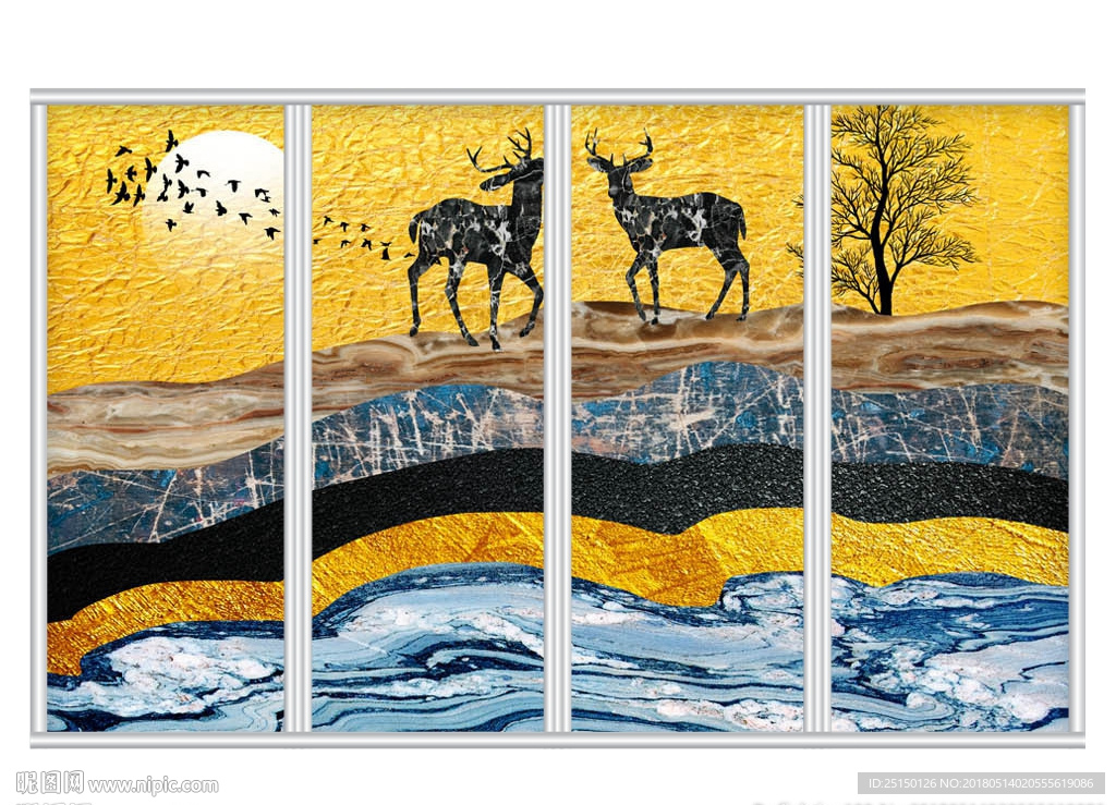 欧式金色大理石麋鹿移门