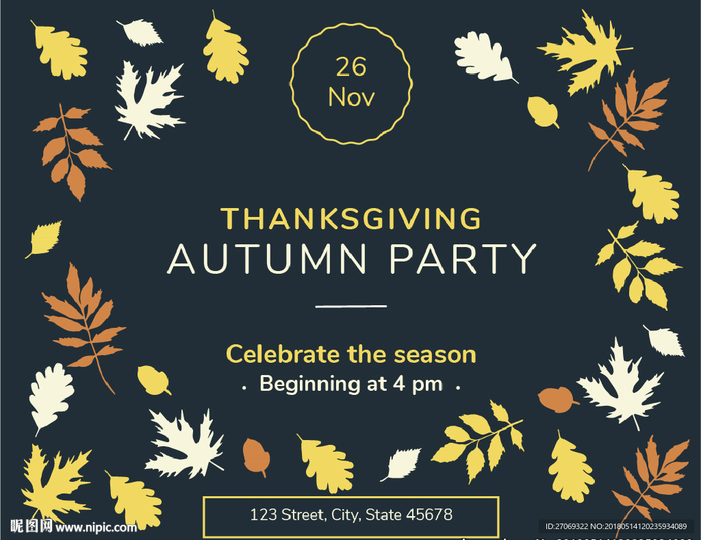 彩色叶子感恩派对海报模板