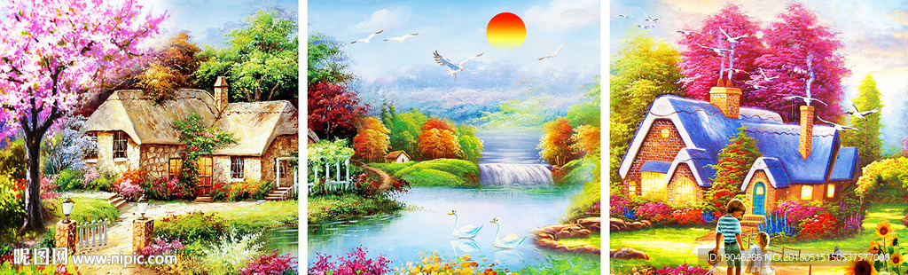 托马斯美式乡村风景油画三联画