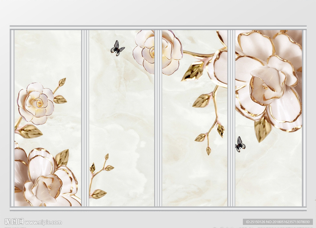 创意立体3D中式牡丹花移门