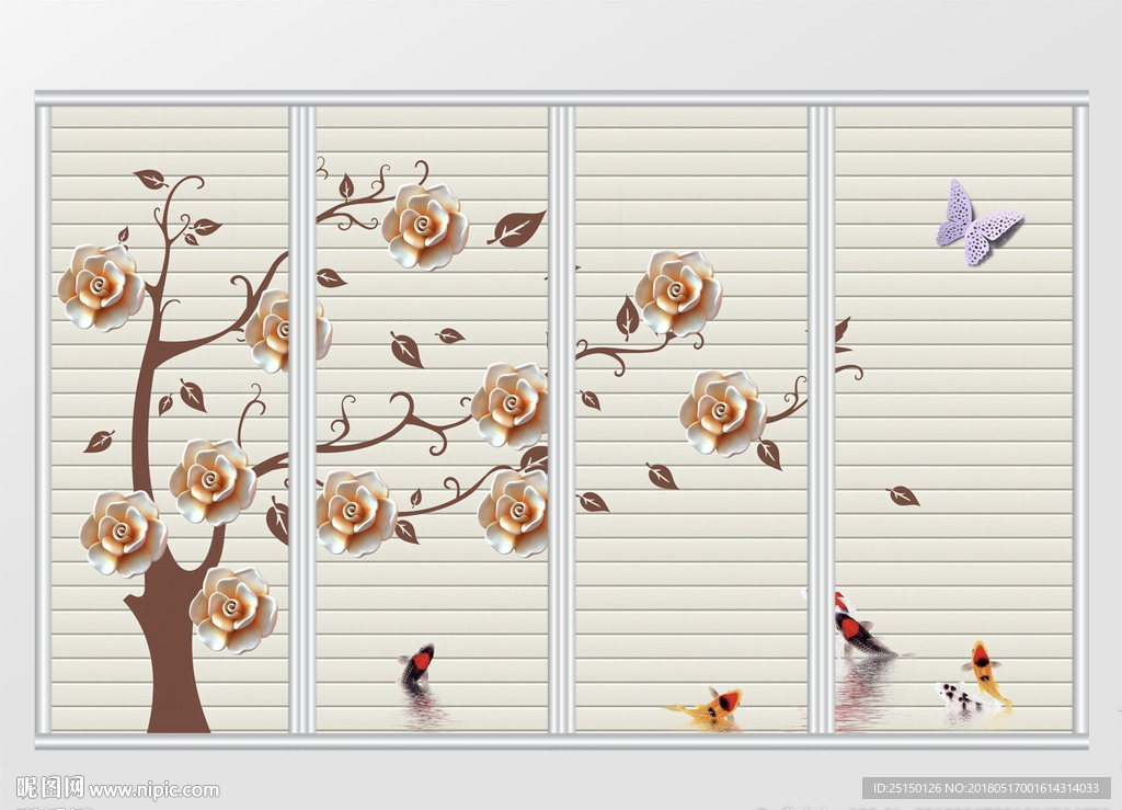 现代简约鲤鱼花树移门