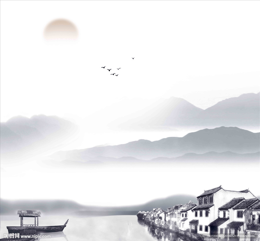 新中式徽派山水风景画 中国风