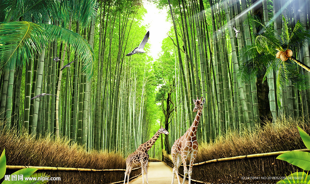 清新简约竹林长颈鹿背景墙