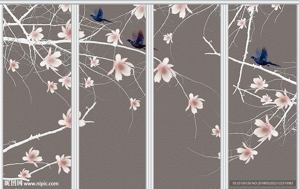 现代简约手绘玉兰花花开富贵移门