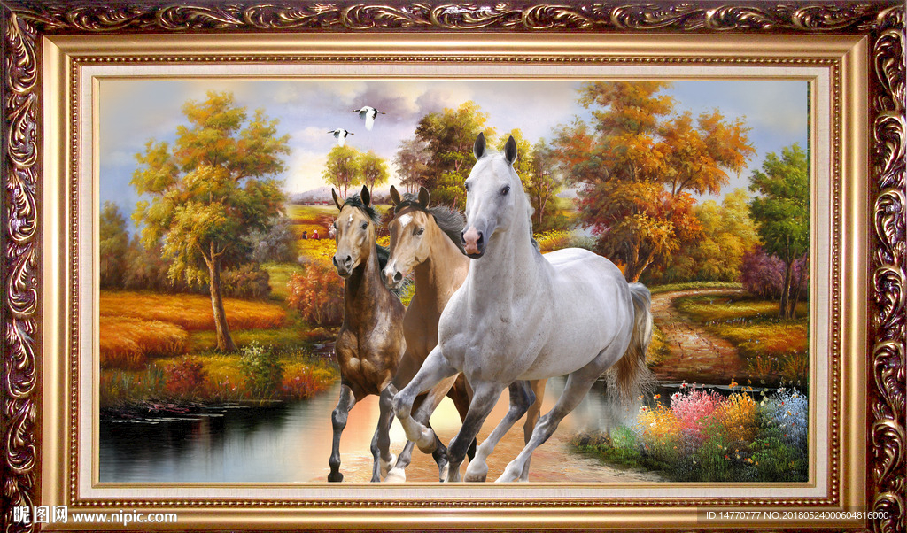 油画风景骏马图