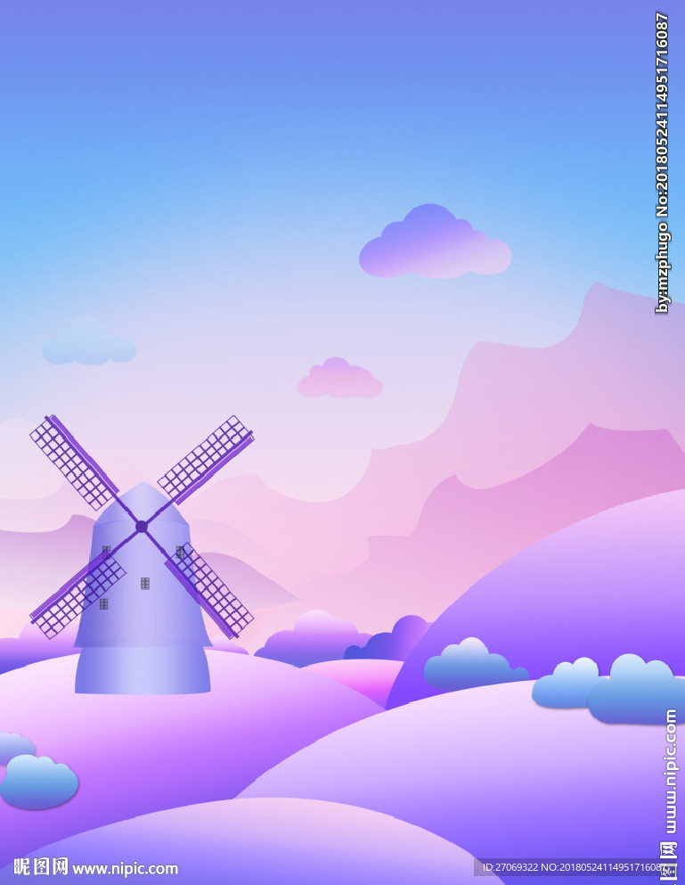 粉蓝色渐变手绘风车磨坊背景素材