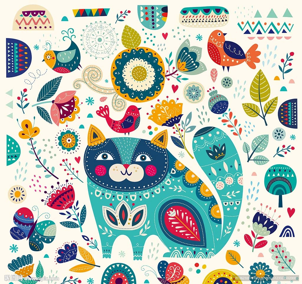 卡通花草猫咪矢量素材